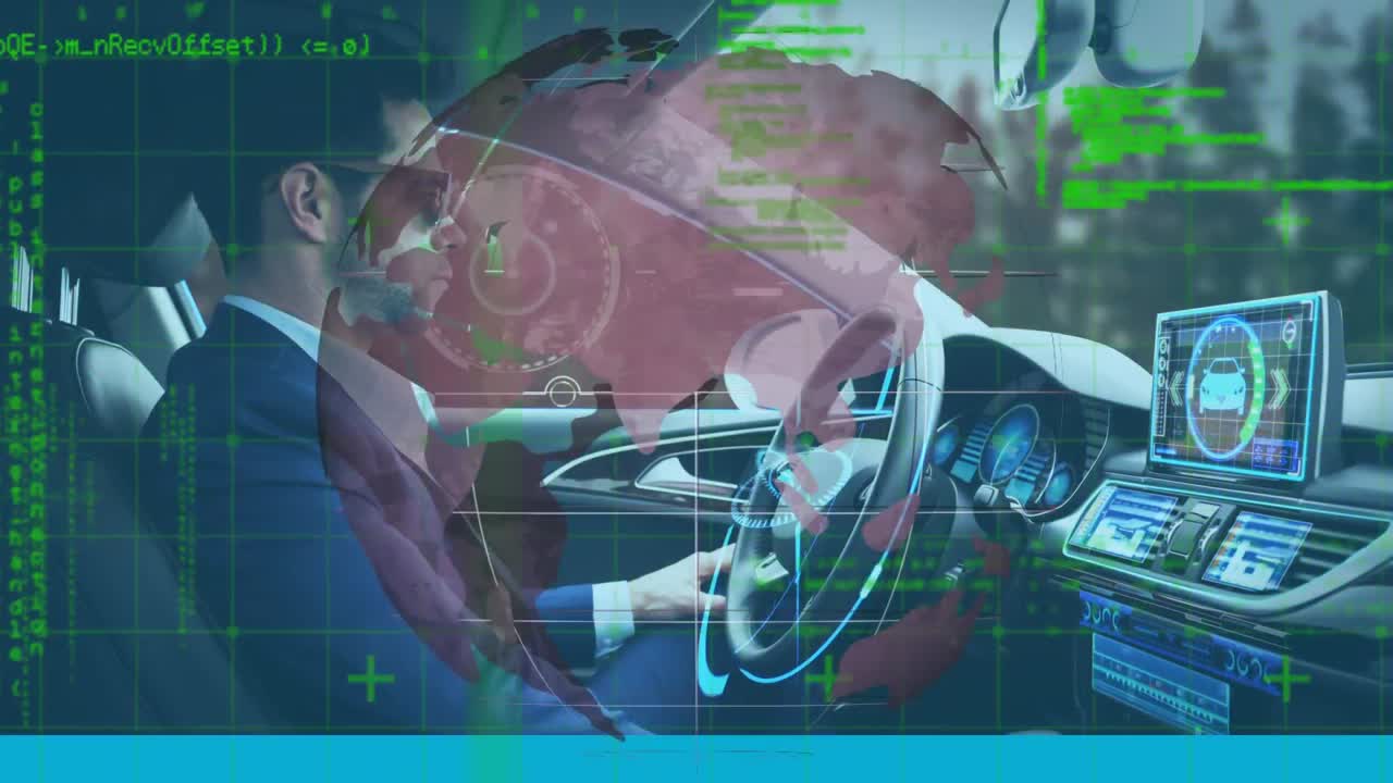 animación del globo terráqueo y pantallas de información con un hombre que usa un coche autónomo