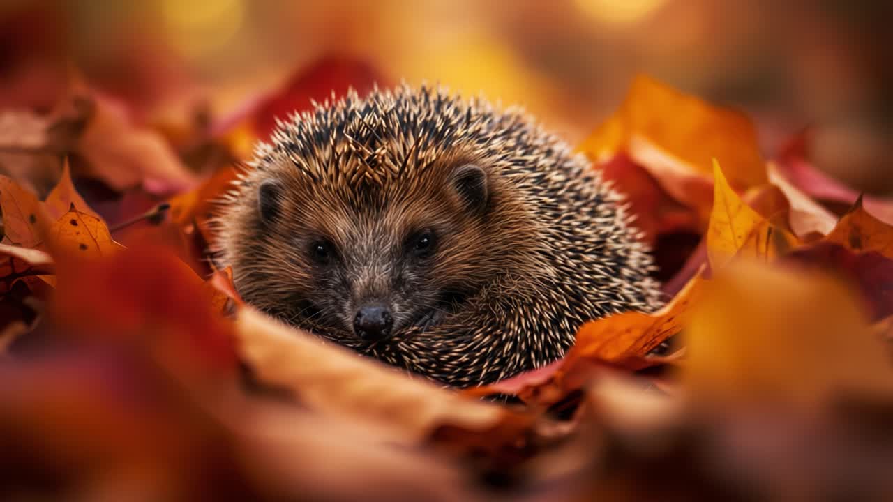 Un riccio annidato tra vivaci foglie autunnali, che cattura la bellezza della natura e la serenità della fauna selvatica in un'ambientazione forestale colorata.