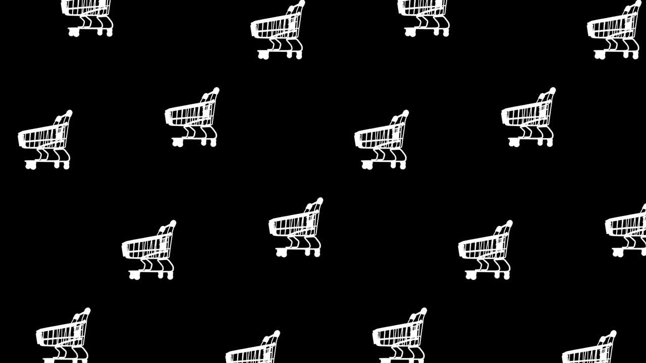 animación de patrón de bucle sin costuras con muchos carros de compras vacíos de color blanco contra un fondo negro oscuro, vista lateral, espacio de copia