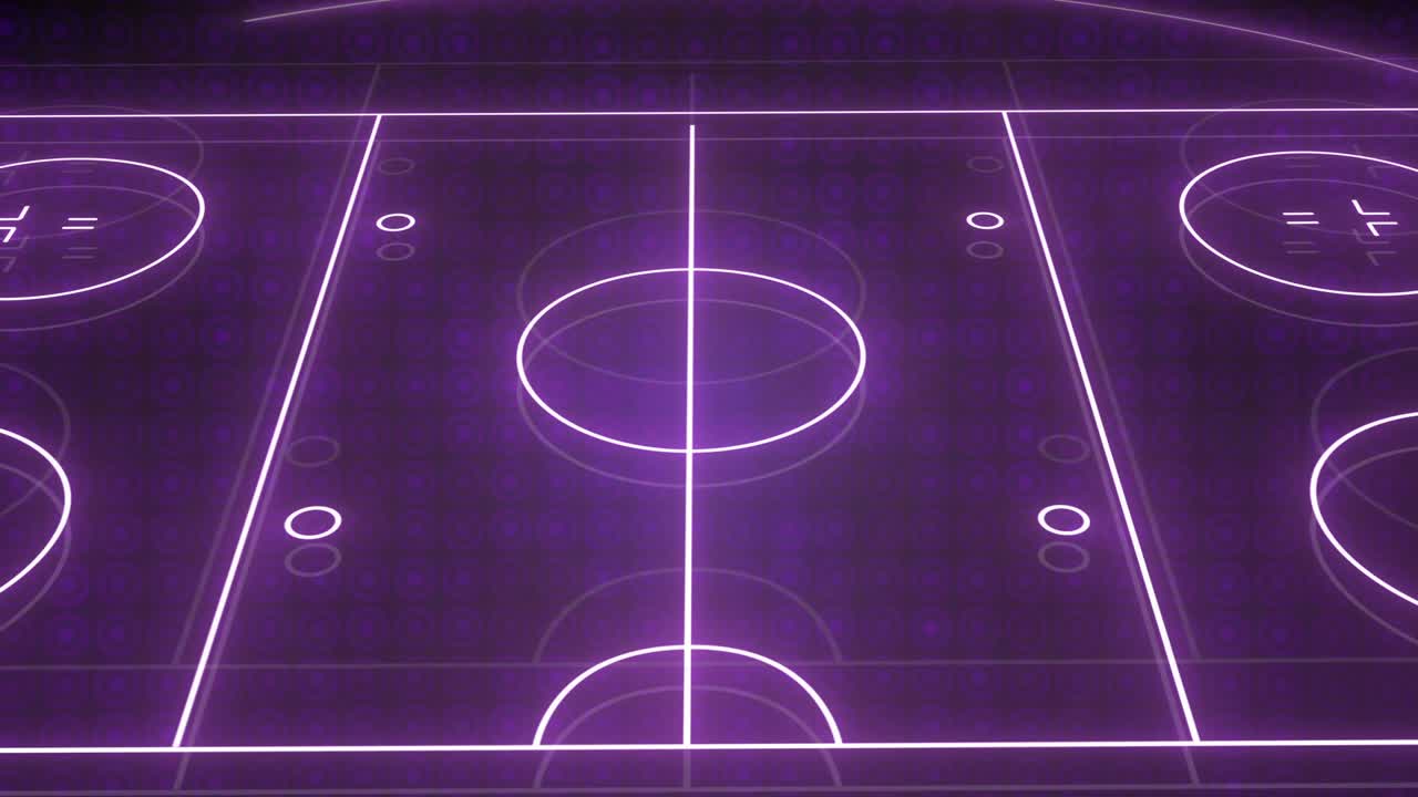 Animation of blue neon sports stadium over circles in row on black background