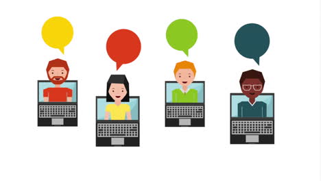 personas en computadoras portátiles con burbujas de habla