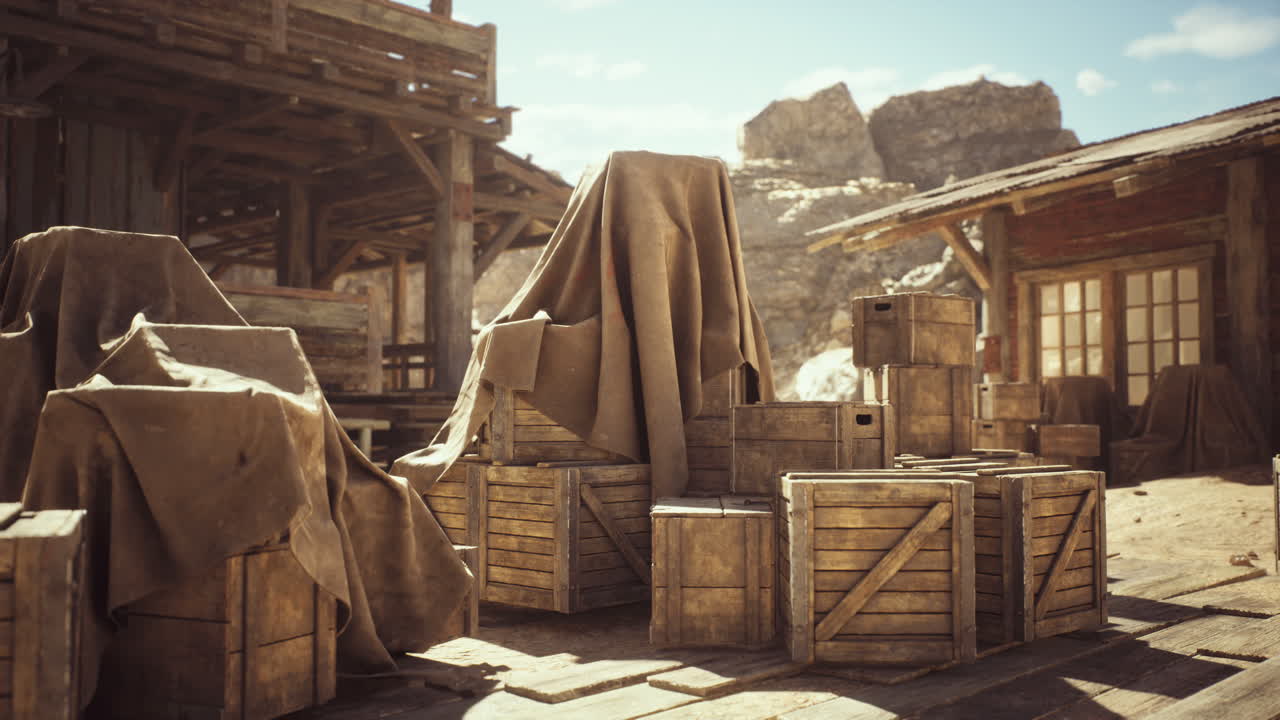 Deserted western town with wooden structures and covered crates during daylight