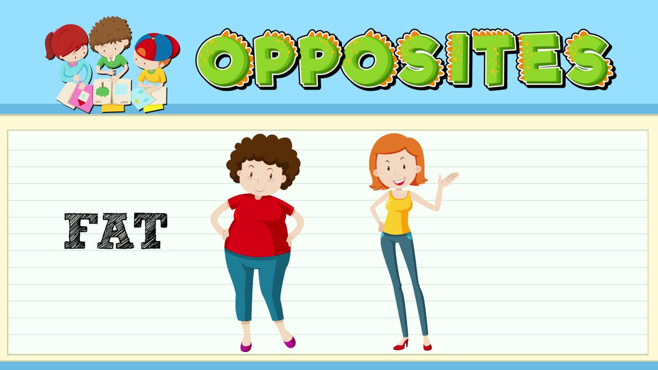 Colorful animation illustrating the concept of opposites with characters representing fat and skinny. Engaging visuals with playful transitions