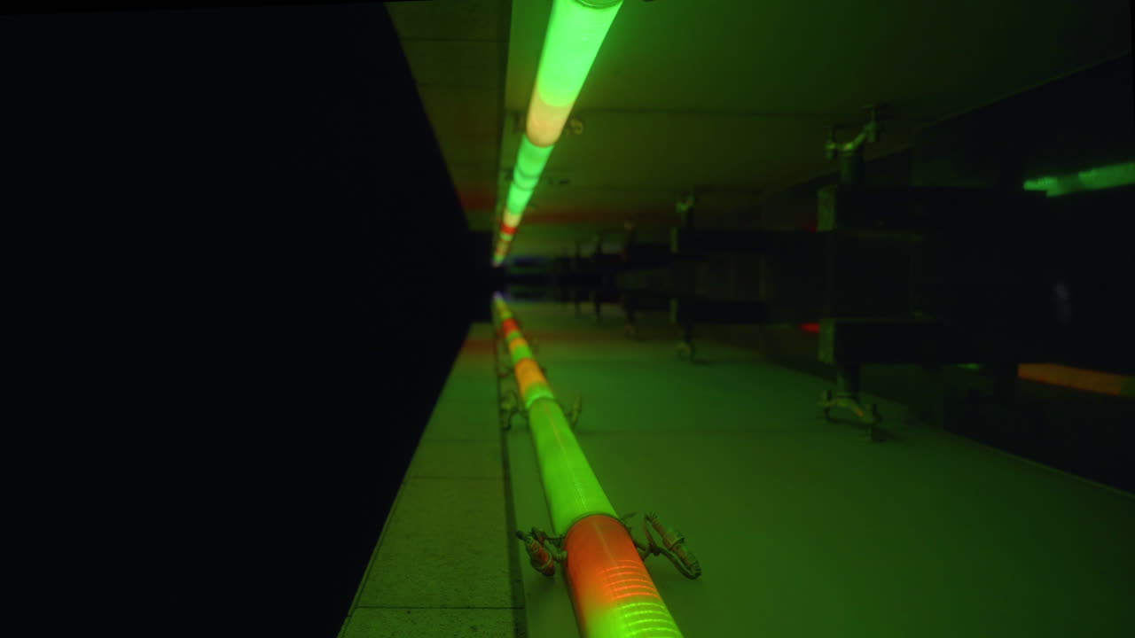 mirando hacia dos tubos de luz paralelos que cambian de color e iluminan la pared del edificio alto
