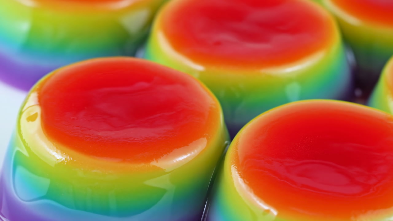 Close-up of Vibrant Rainbow Layered Jelly Desserts