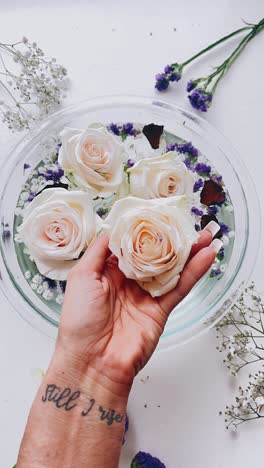 floating roses in a glass bowl