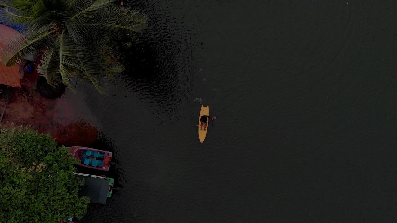 toma aérea de seguimiento aéreo de 4k de un hombre indio de 28 años remando rápido en su kayak en los remansos de varkala durante la puesta de sol, kerala