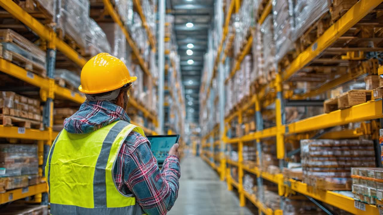 A warehouse worker in a safety helmet and reflective vest examines inventory using a tablet in a spacious storage facility filled with organized shelves of goods