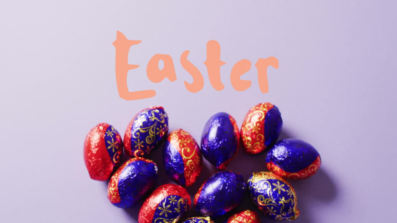 Animation of easter text over colourful easter eggs on purple background