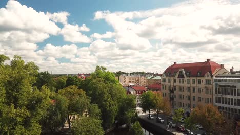 ascending aerial 4k view of swedish city orebro, summer in sweden