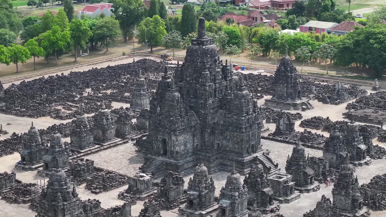Sewu Temple in Yogyakarta. Ancient ruins of old Hindu Temple. Aerial of historical landmark, cultural heritage.