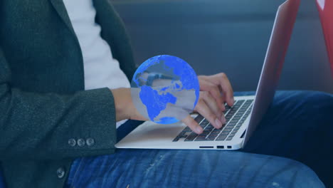 Animation-of-network-of-connections-and-globe-over-caucasian-man-using-laptop