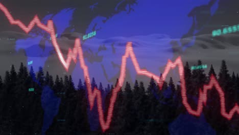 animation of numbers and red graph over world map against aerial view of forest