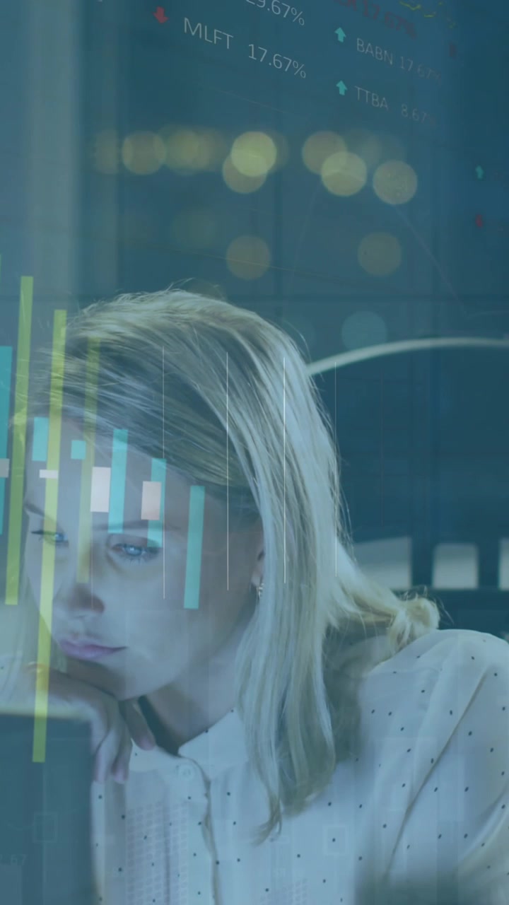 Animation of data processing over caucasian businesswoman in office
