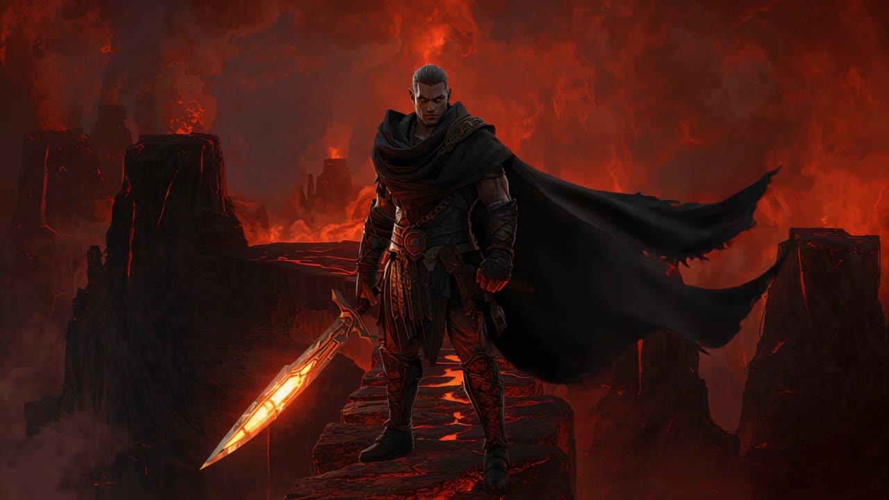 Lava erupting behind armored warrior surveying from narrow ridge, sword glowing over molten chasm