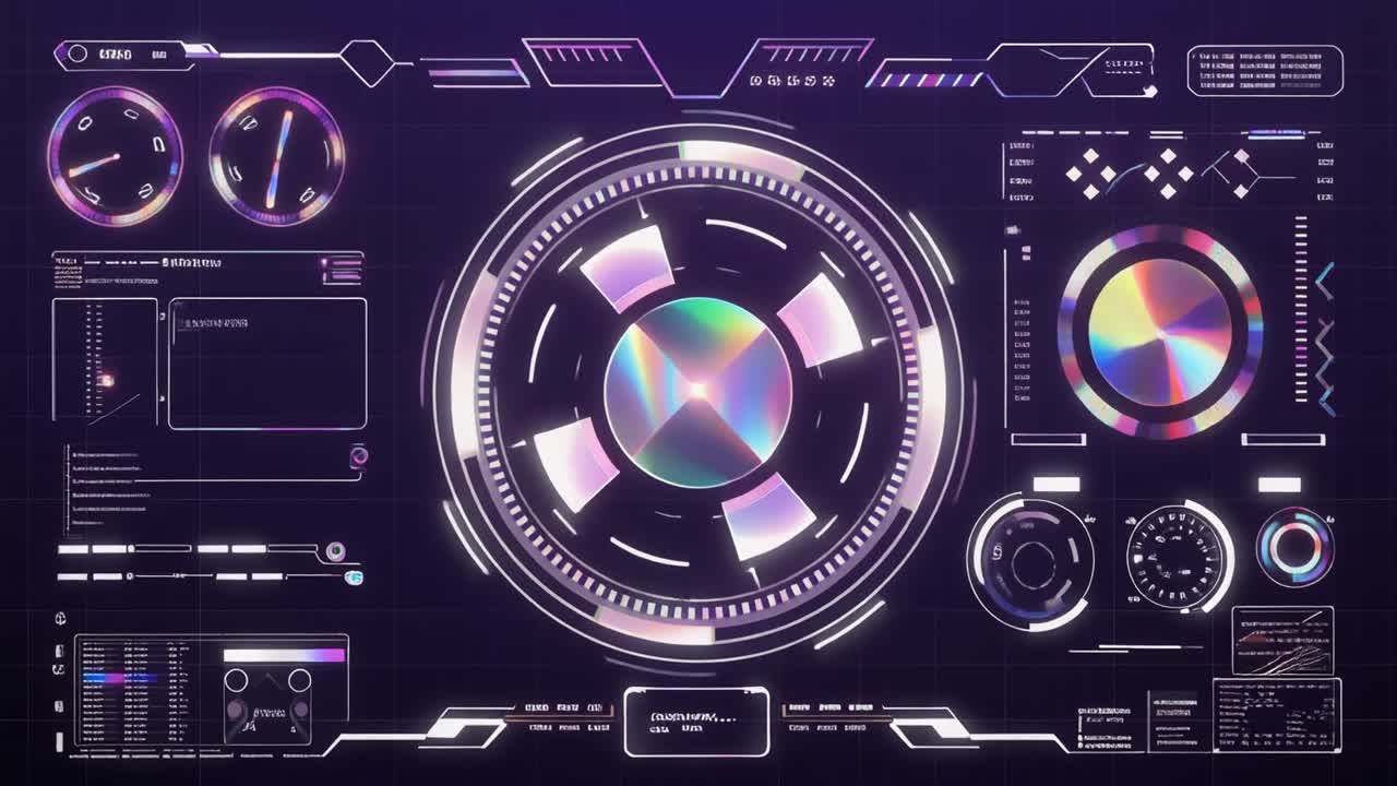 High-Tech Digital Interface with Rotating Iridescent Display
