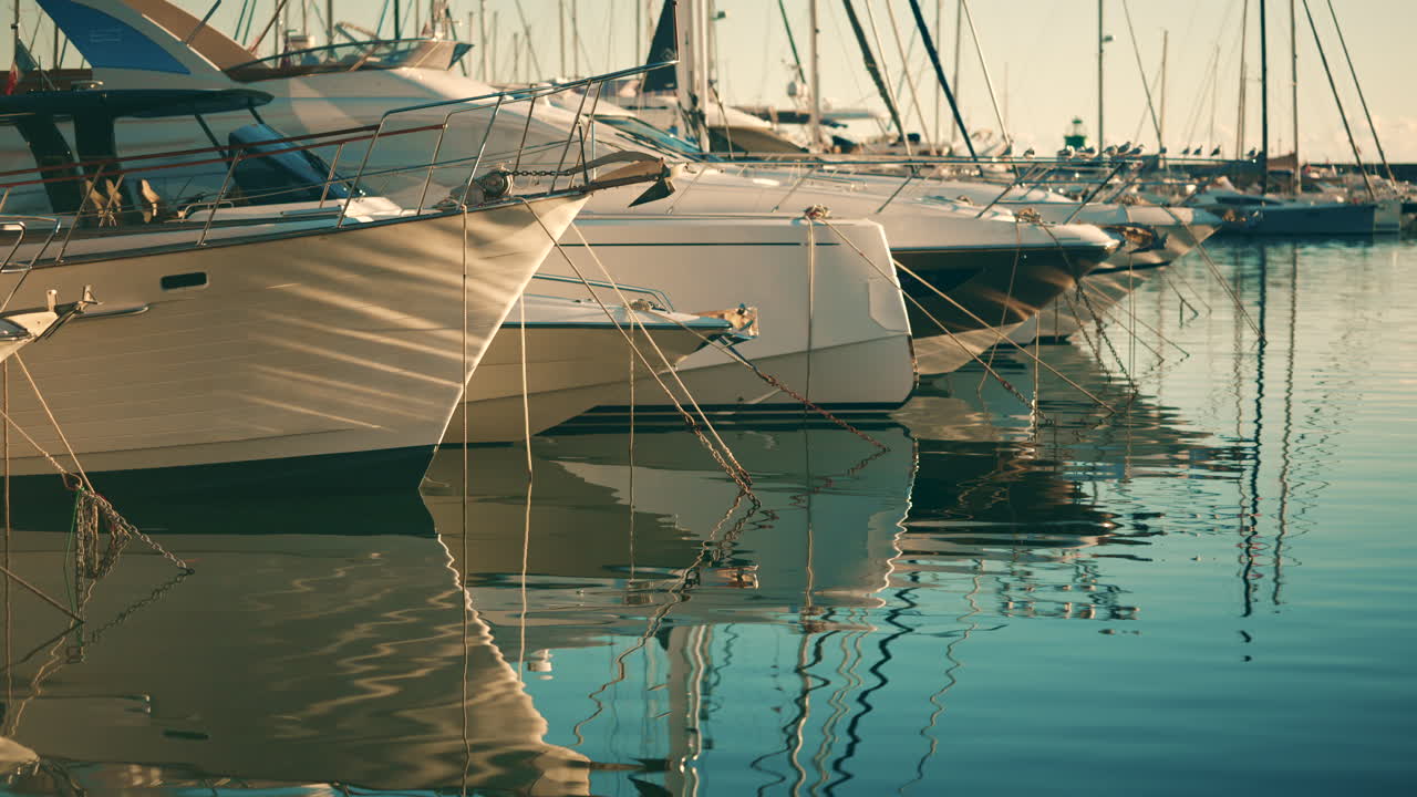 Jachten liggen op een rij in een jachthaven met reflecties op kalm water bij daglicht