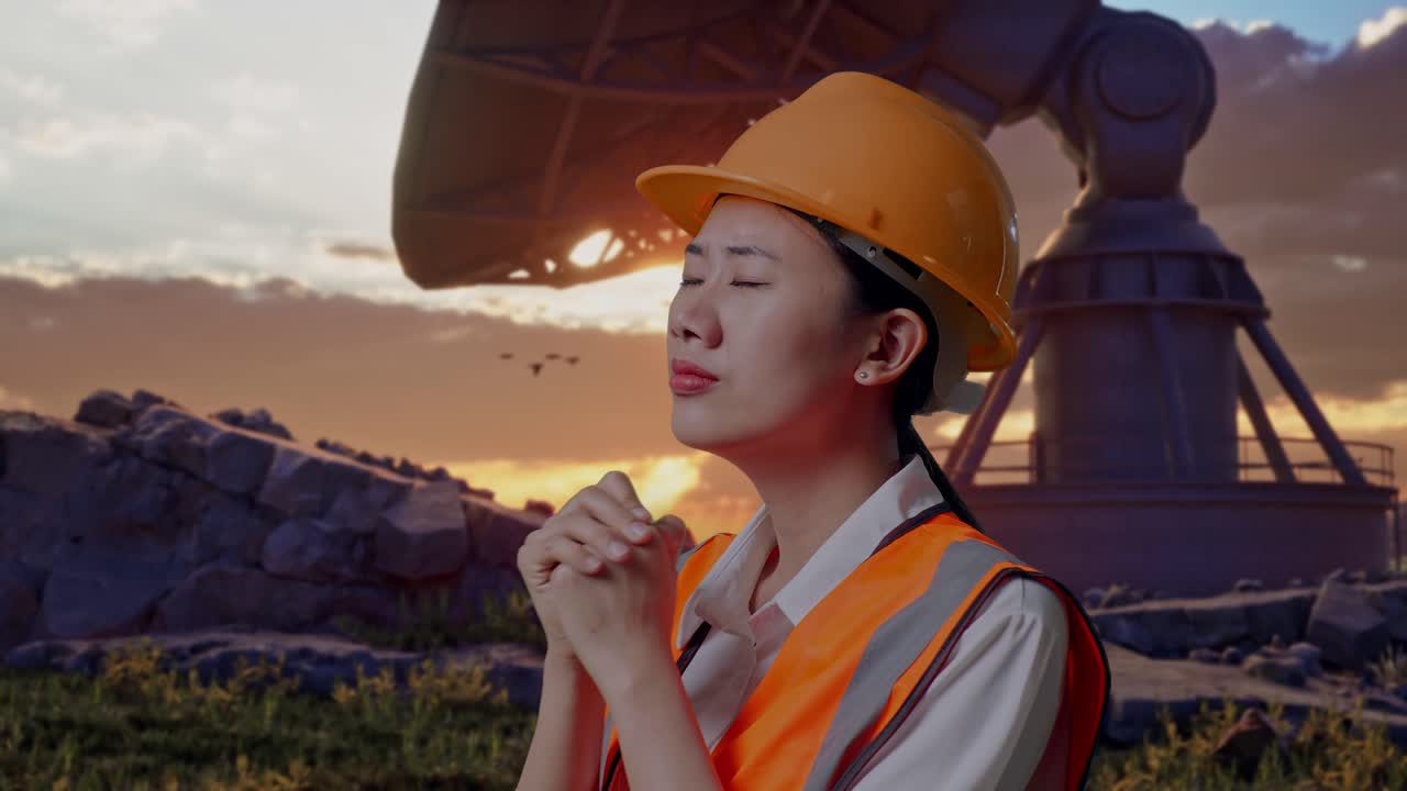 Close Up Side View Of Asian Female Engineer With Safety Helmet Pray For Something While Standing With Large Satellite Dish