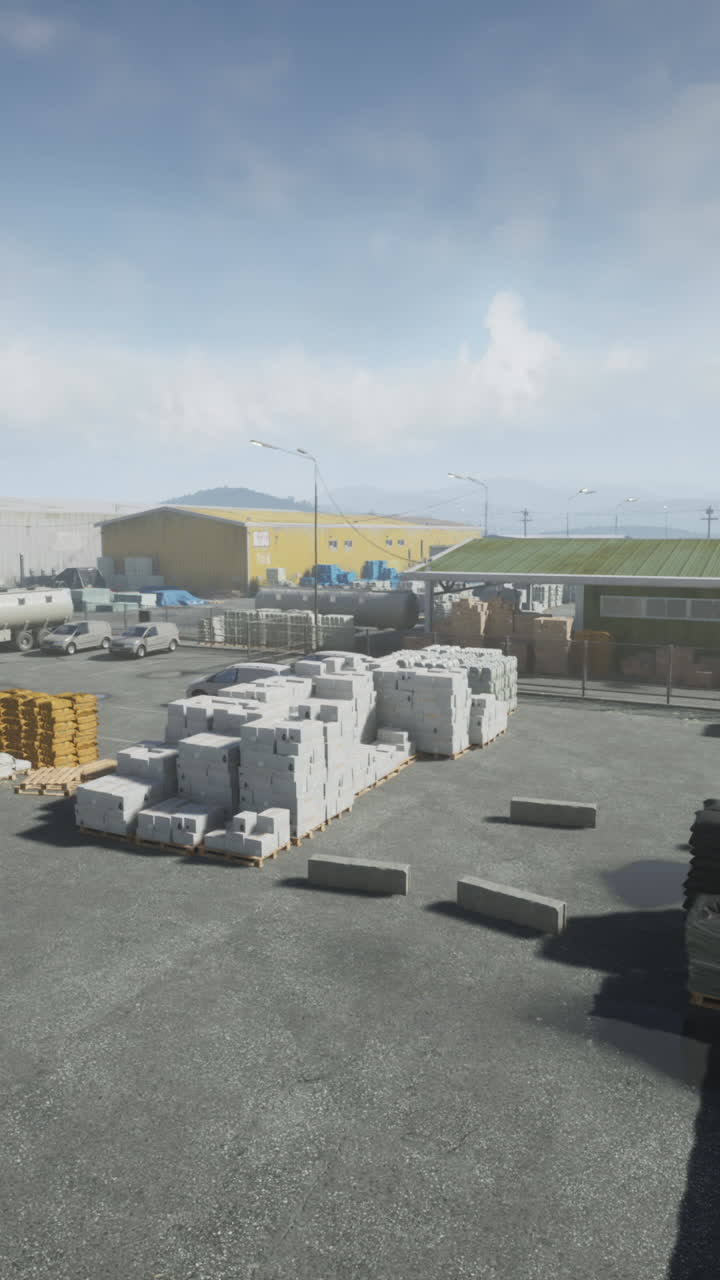 materiales de construcción apilados en un patio de almacén