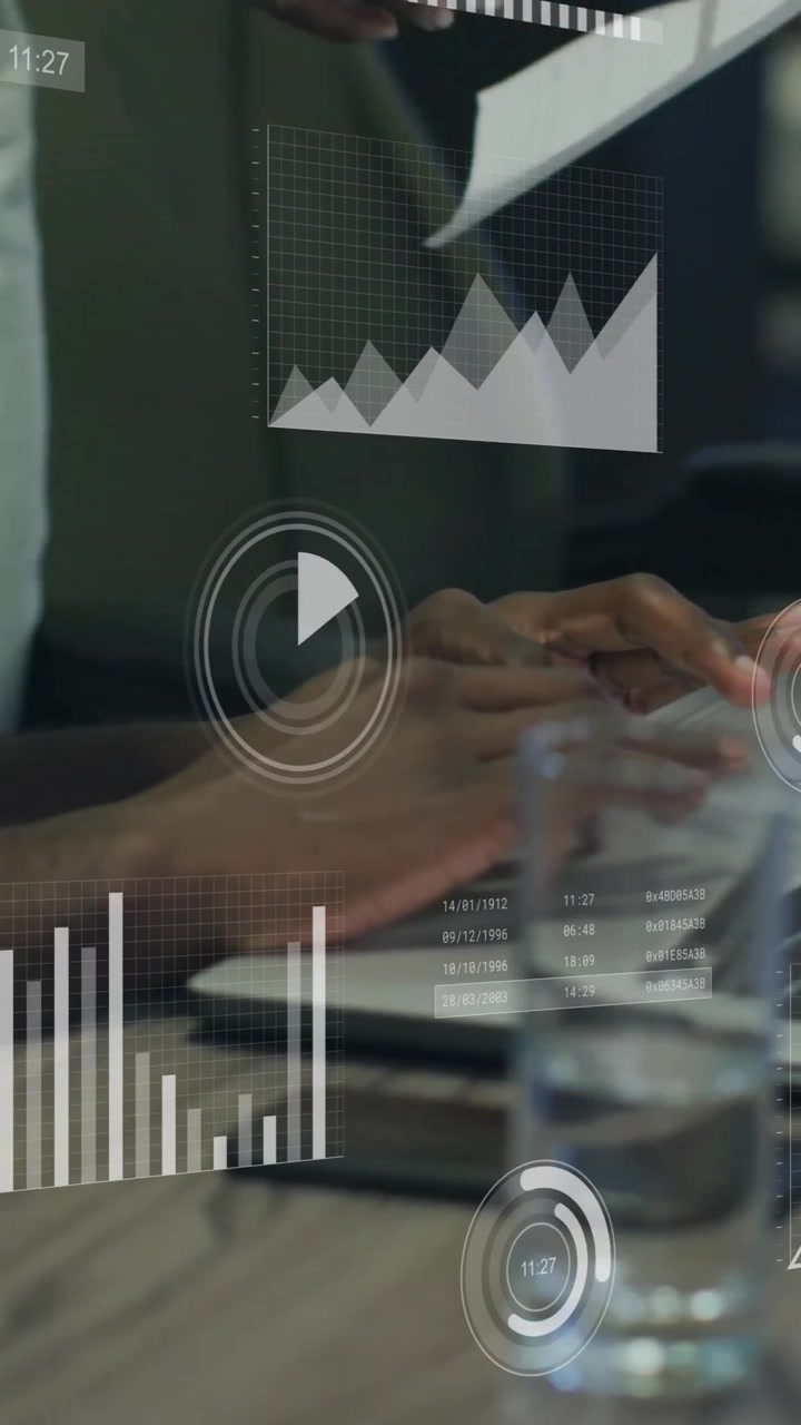 Animation of icons and data processing over diverse business people in office