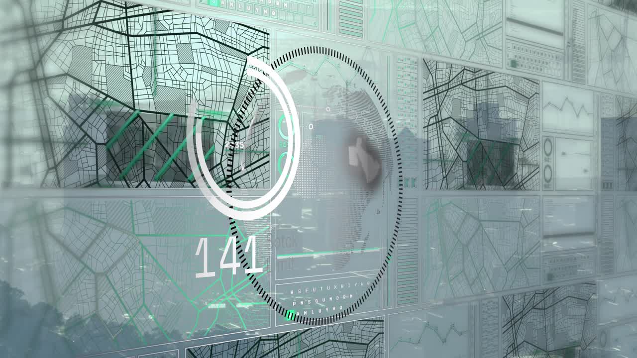 animación de la interfaz con el procesamiento de datos sobre un globo giratorio frente a una vista aérea del paisaje urbano