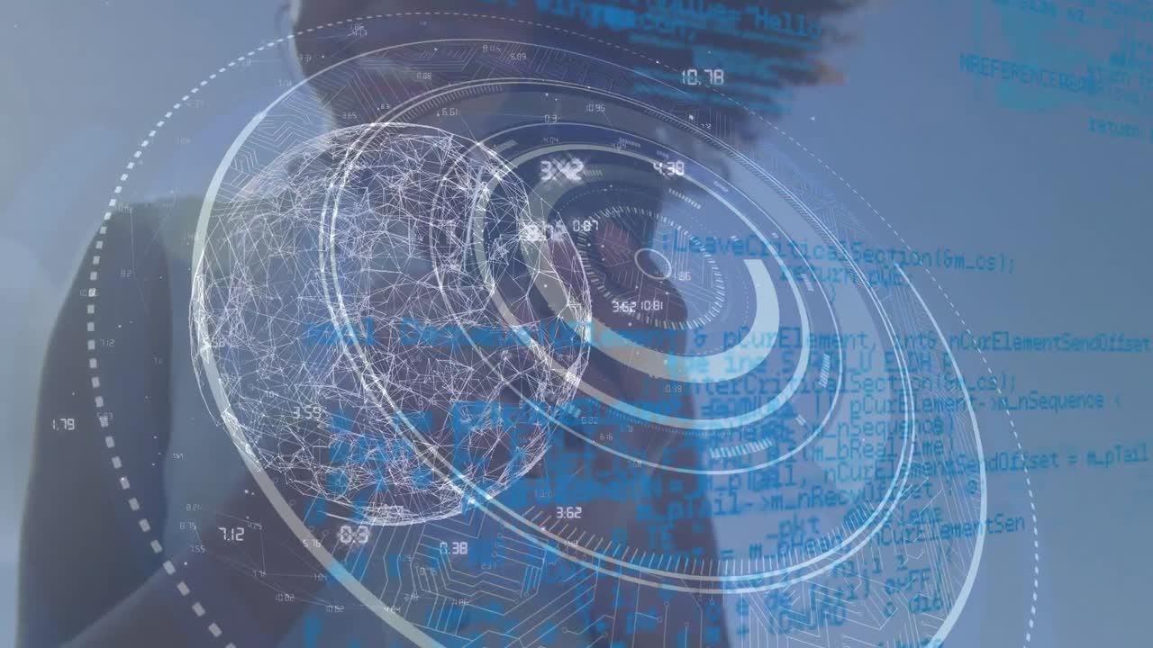 animación de un globo giratorio y datos diversos sobre una mujer biracial usando un teléfono inteligente