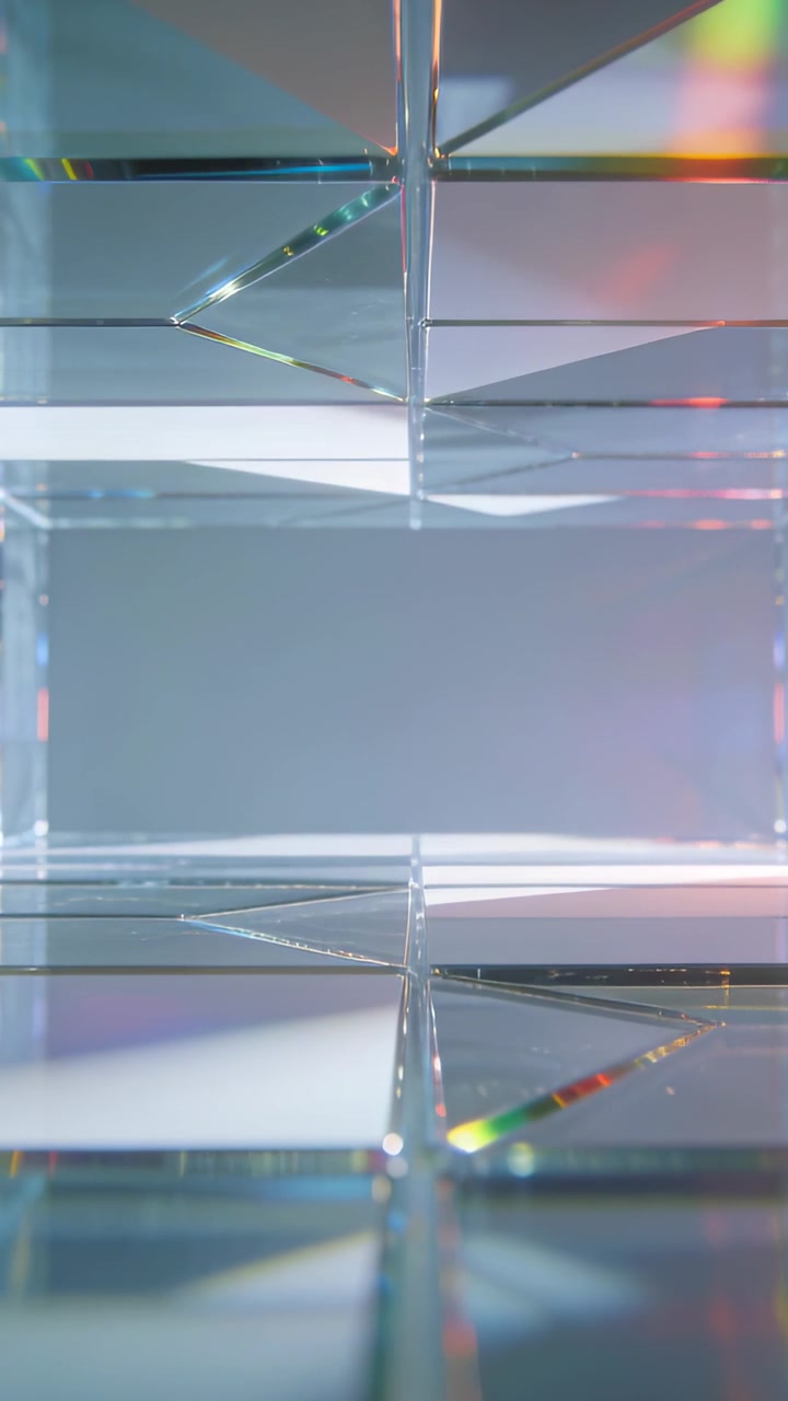 Video verticale: Luce che si sposta rivelando giunture e bagliori arcobaleno su blocchi di vetro impilati in studio