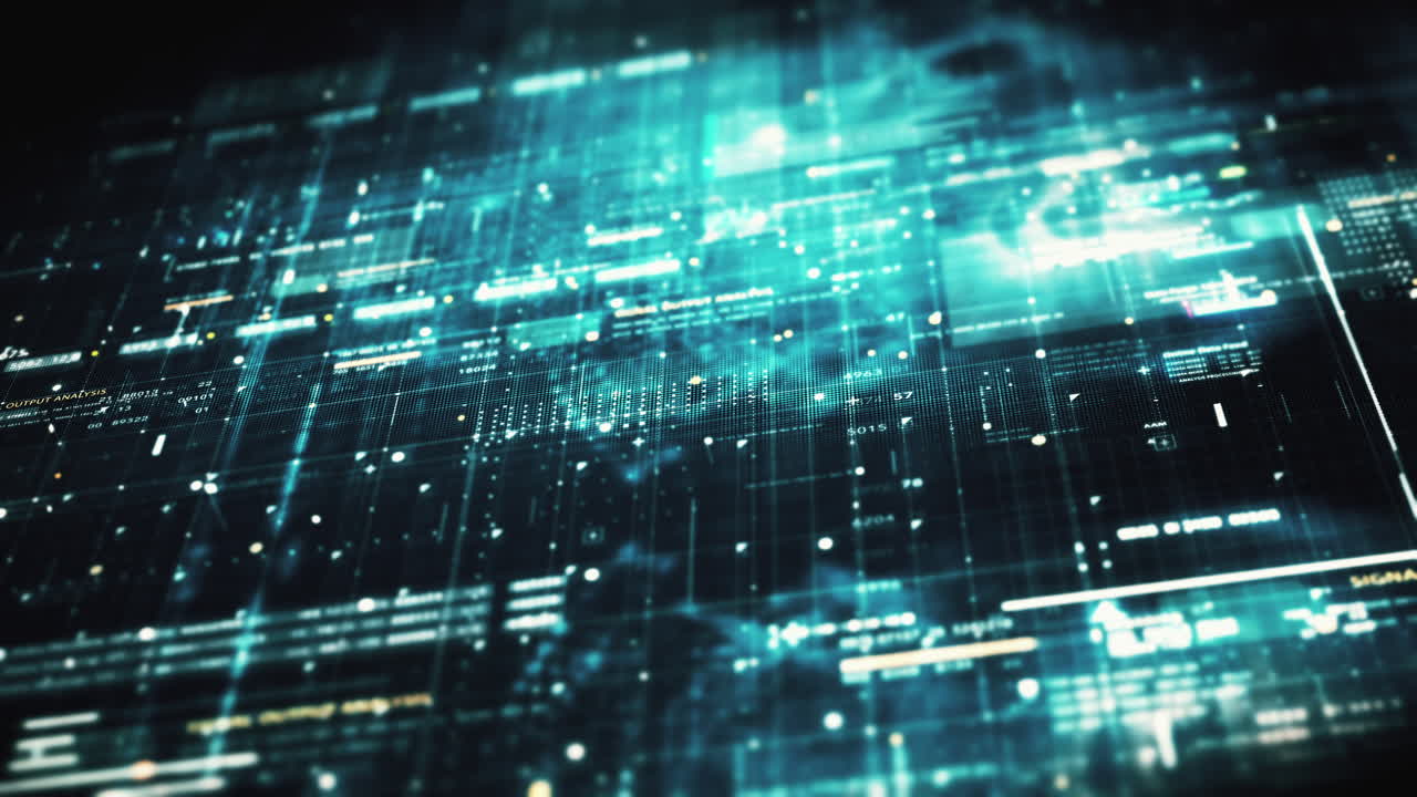 Advance data matrix, telemetry and encrypt numbers simulation user interface display in cyber space abstract de-focus environment background