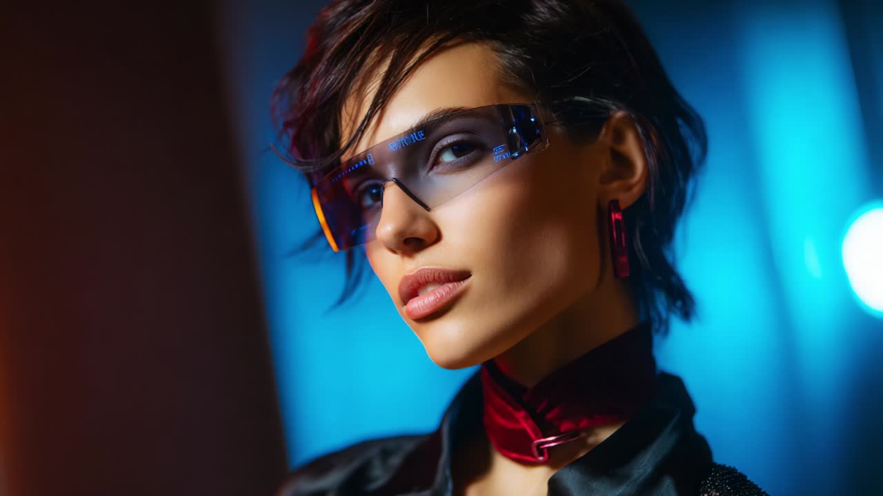 Stylish Portrait of a Modern Model with Chic Accessories in an Ambient Lighting, Featuring Sleek Hair, Trendy Sunglasses, and a Fashionable Outfit Exuding Elegance and Confidence