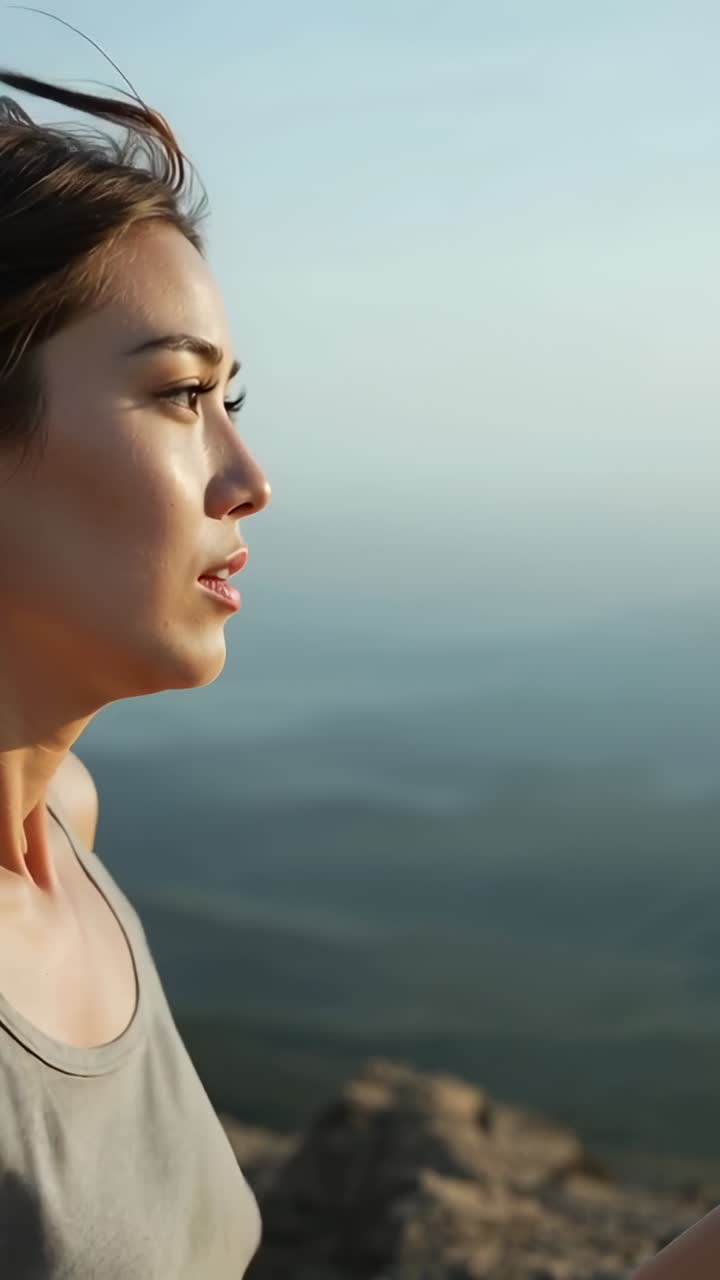 Video verticale: Vento che spinge una donna, la quale alza la testa e volge lo sguardo su un costone roccioso, indossa una canotta grigia.