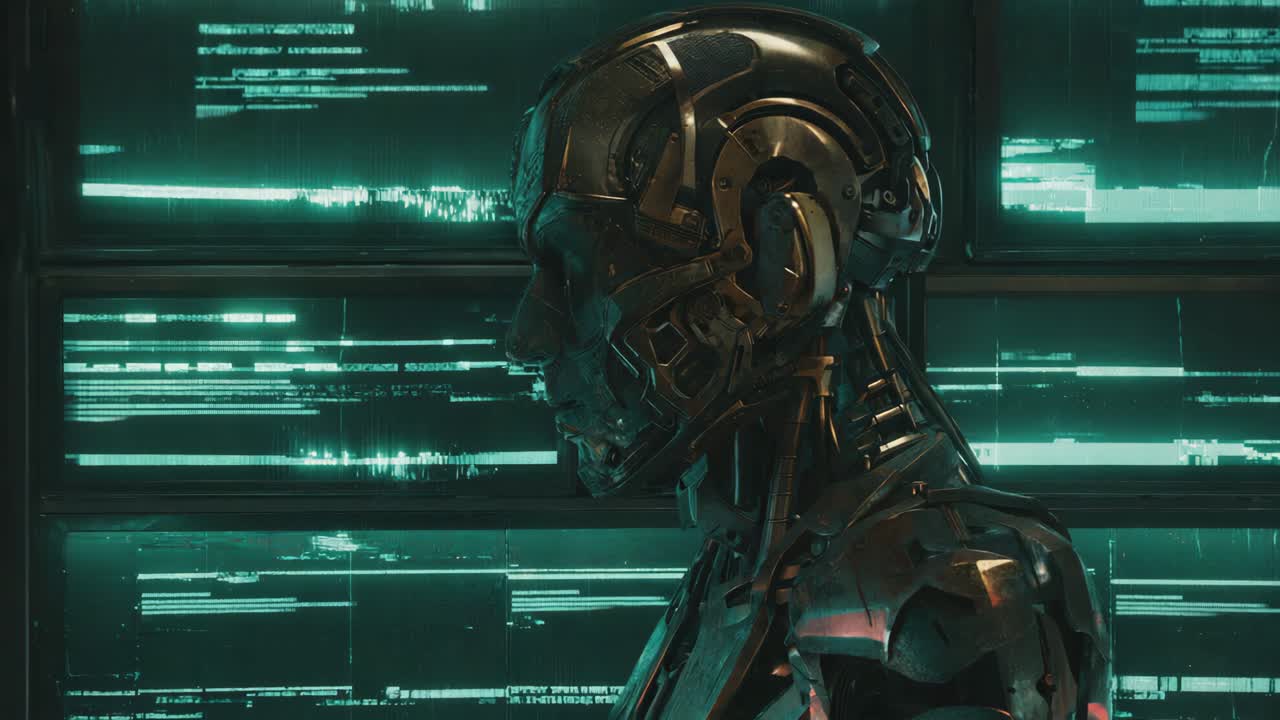 Cyborg in un ambiente digitale futuristico