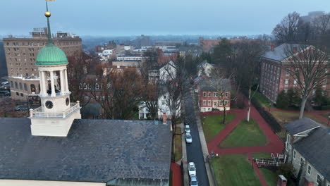 Aerial-past-copper-dome-of-Moravian-church-with-star-in-winter-blue-hour