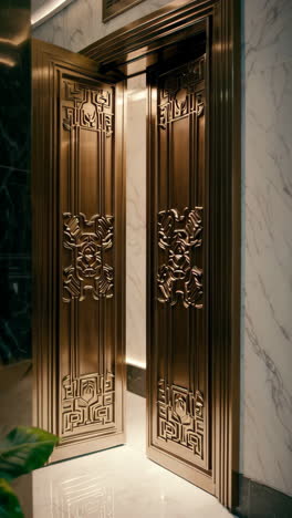 ornate gold elevator doors opening in a luxurious marble lobby