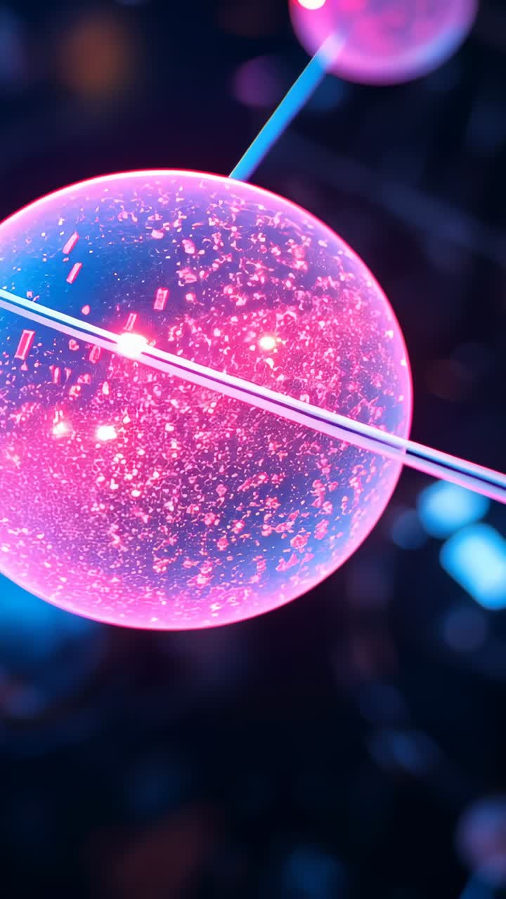 Video verticale: telecamera che zooma su una sfera luminosa in una rete oscura, rivelando particelle e aste