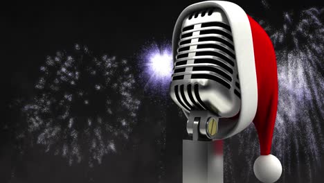 Animation-of-santa-hat-on-retro-microphone-with-white-christmas-and-new-year-fireworks-in-night-sky