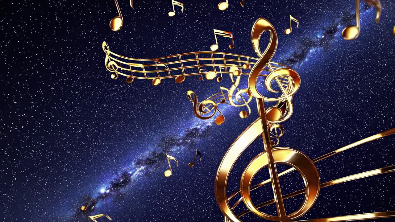 Dynamic video concept with a low-angle view of golden musical notes swirling in a starry galaxy