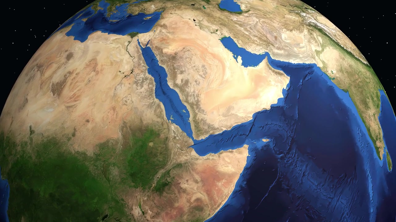 Dönen bir küre, uzaydan Suudi Arabistan'ın Cizan şehrini vurgulamak için yakınlaşıyor ve bilgilendirici veri katmanları sunuyor.