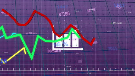 animación del procesamiento de datos financieros sobre cuadrícula y fondo oscuro