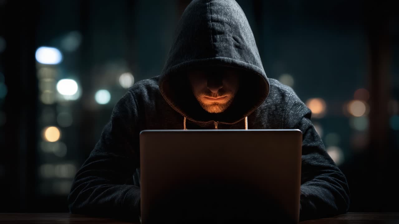 Una figura misteriosa con la felpa con cappuccio impegnata in attività al computer: L'atmosfera inquietante dell'uso notturno della tecnologia catturata in un ambiente buio.