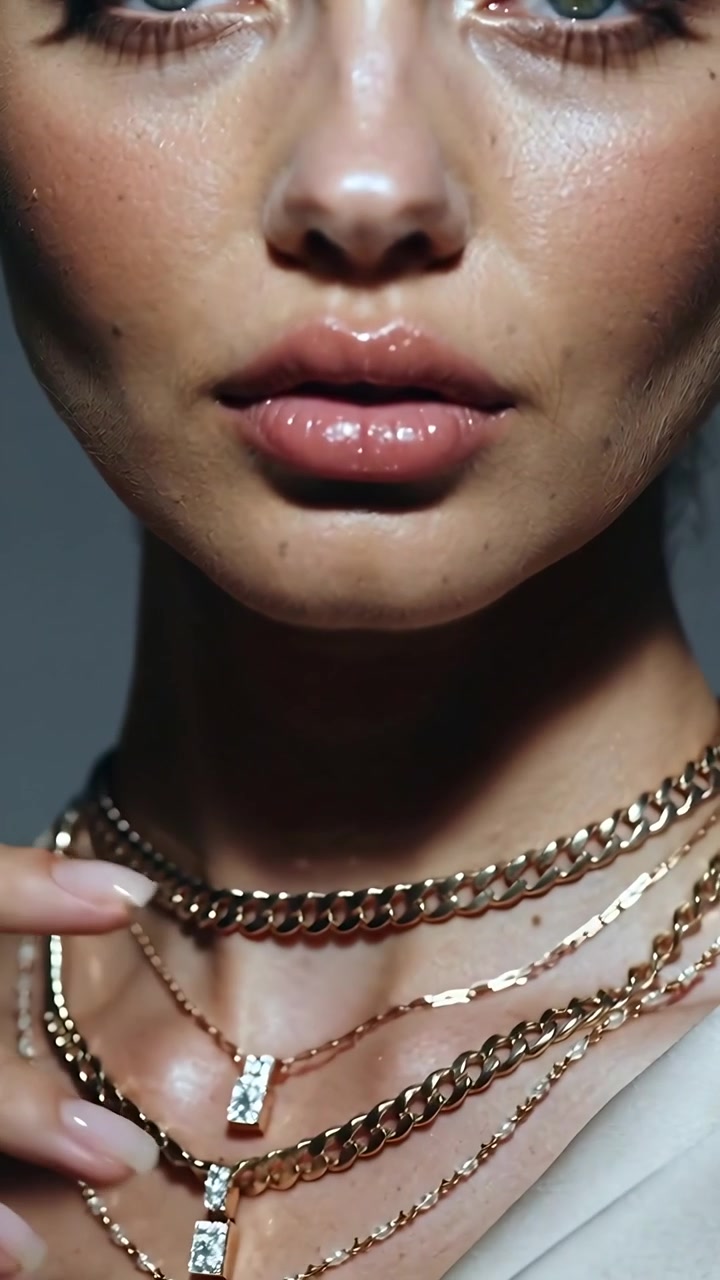 Video verticale: Una mano entra, facendo toccare alla modella delle catene d'oro a strati in studio, rivelando i suoi occhi.
