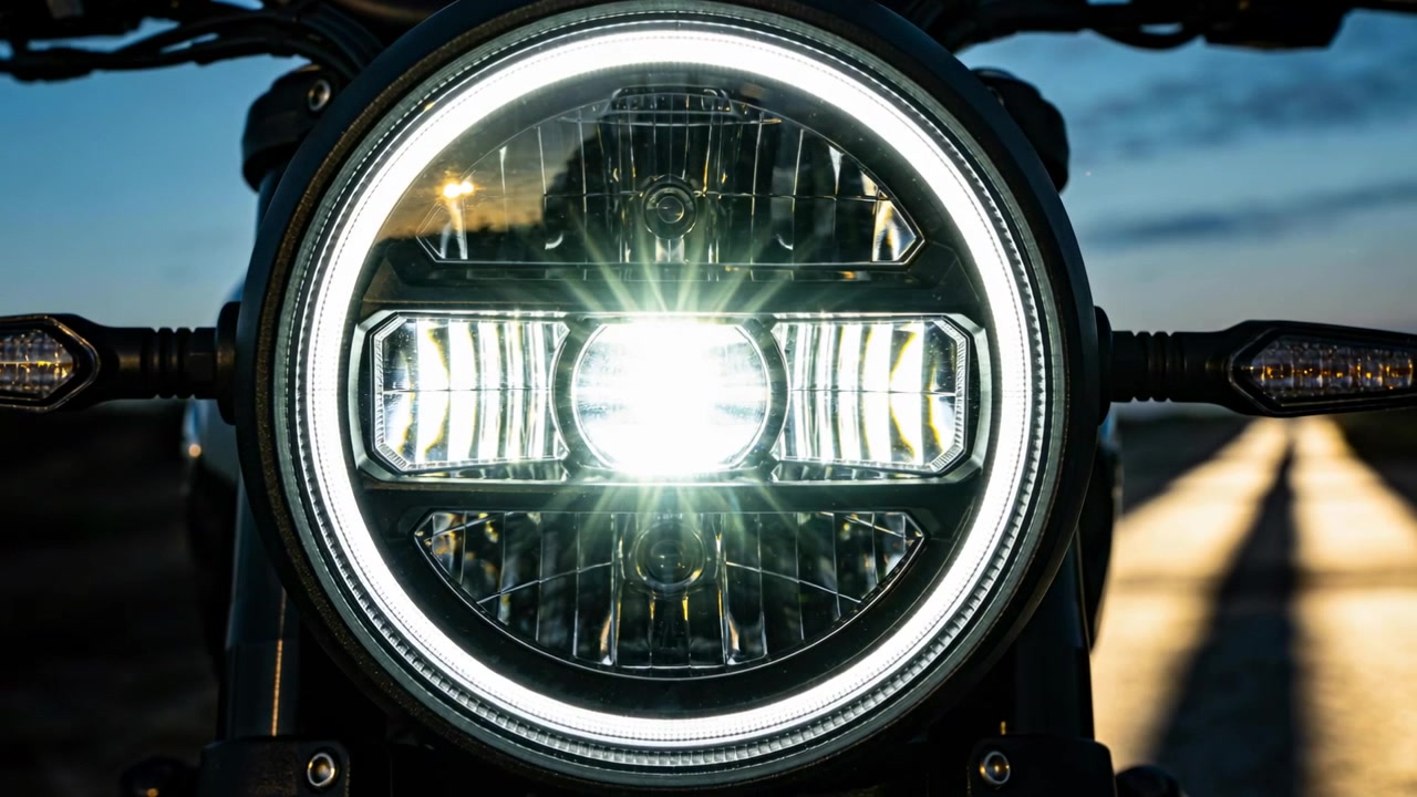 自転車のLEDヘッドライトが点灯し、プロジェクターが明るくなり、夕暮れの舗装道路を照らし、ハローが反射している。