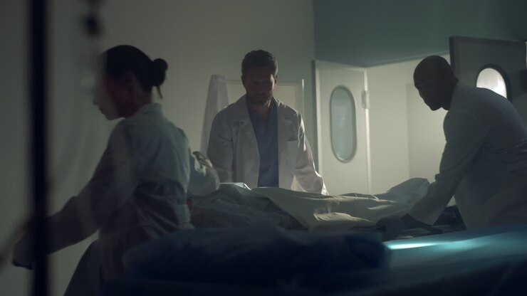 Doctors taking patient to dark hospital ward after successful surgical treatment