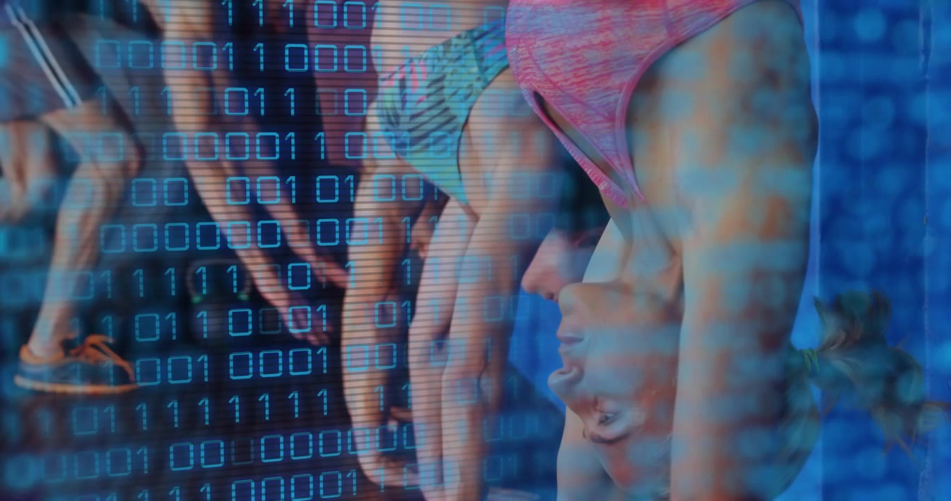 With binary code overlay cascading, fitness group kicking into handstands on blue wall for training