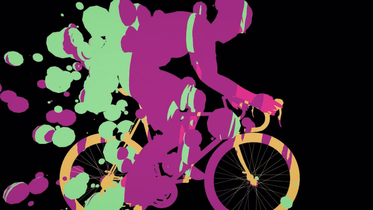 2d 추상 애니메이션 개념 비디오는 스포츠 운동 선수 자전거 타는 그의 몸에서 방출 입자와 함께 알파 채널을 가진 그래픽 요소를 보여줍니다.