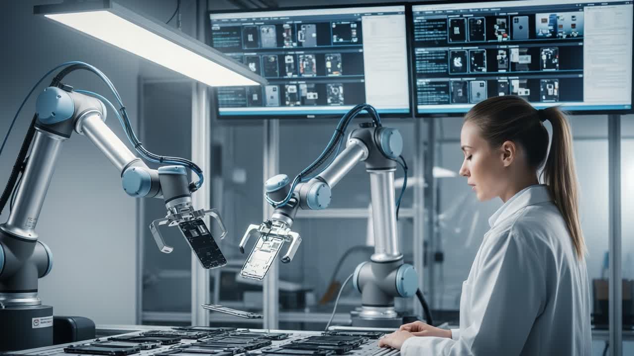 A highly skilled technician operates advanced robotic arms in a cutting-edge laboratory, engaged in intricate electronic device assembly and quality control processes.