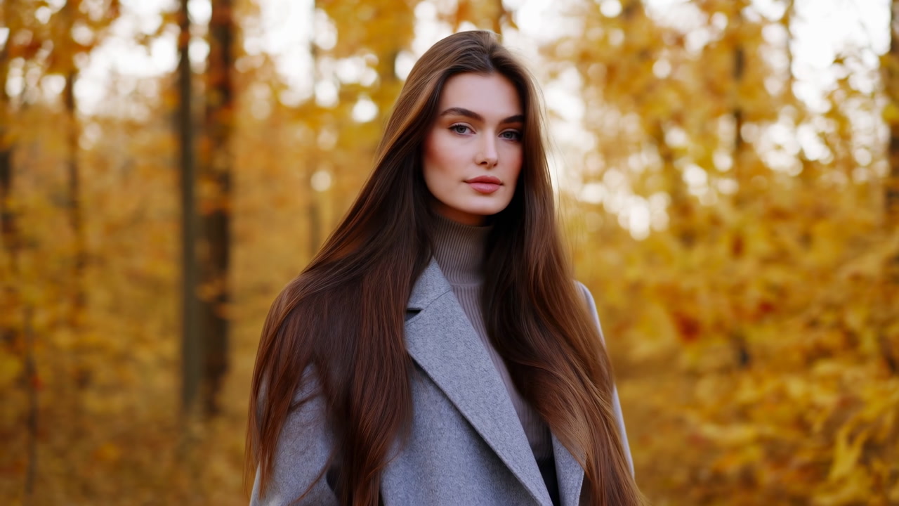 Caucasian Woman In Autumn Forest Posing, Fashion Model On Leafstrewn Trail Wearing Grey Coat And Turtleneck,