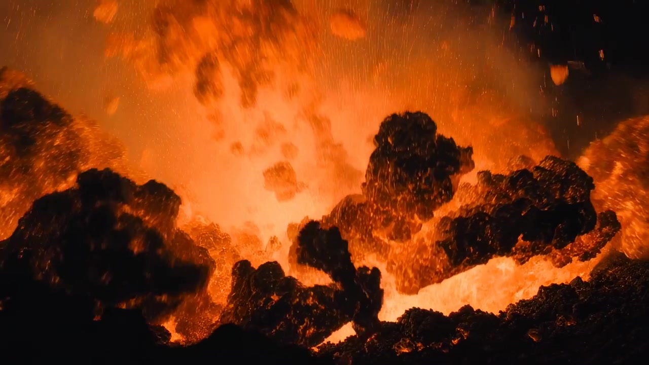 Ausbrechender Vulkanschlot, Druck treibt geschmolzene Lavafontäne in den Nachthimmel, Pyroklasten ausstoßend.
