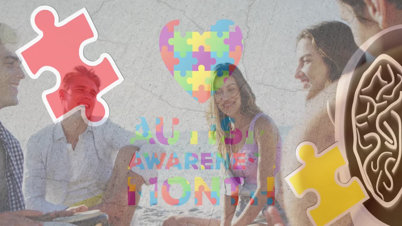 animación de coloridas piezas de rompecabezas sobre amigos felices en la fiesta de playa de verano