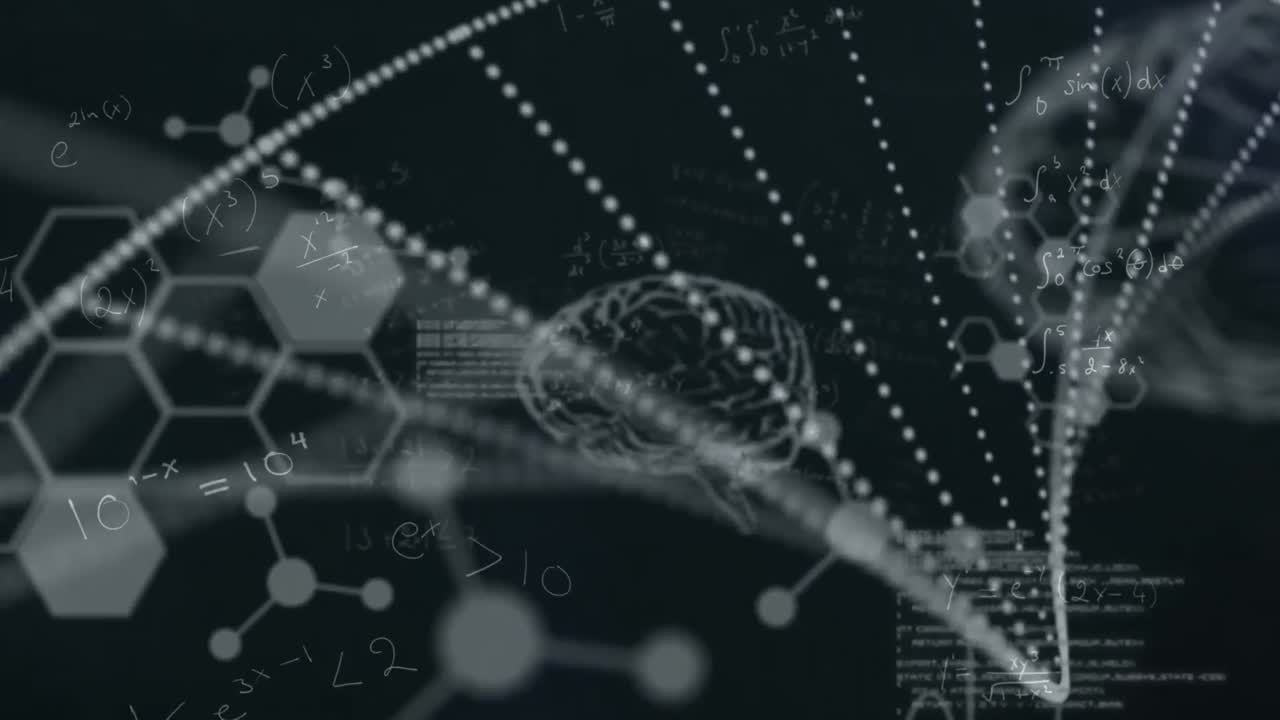 Animation of scientific data processing, human brain and dna strand spinning