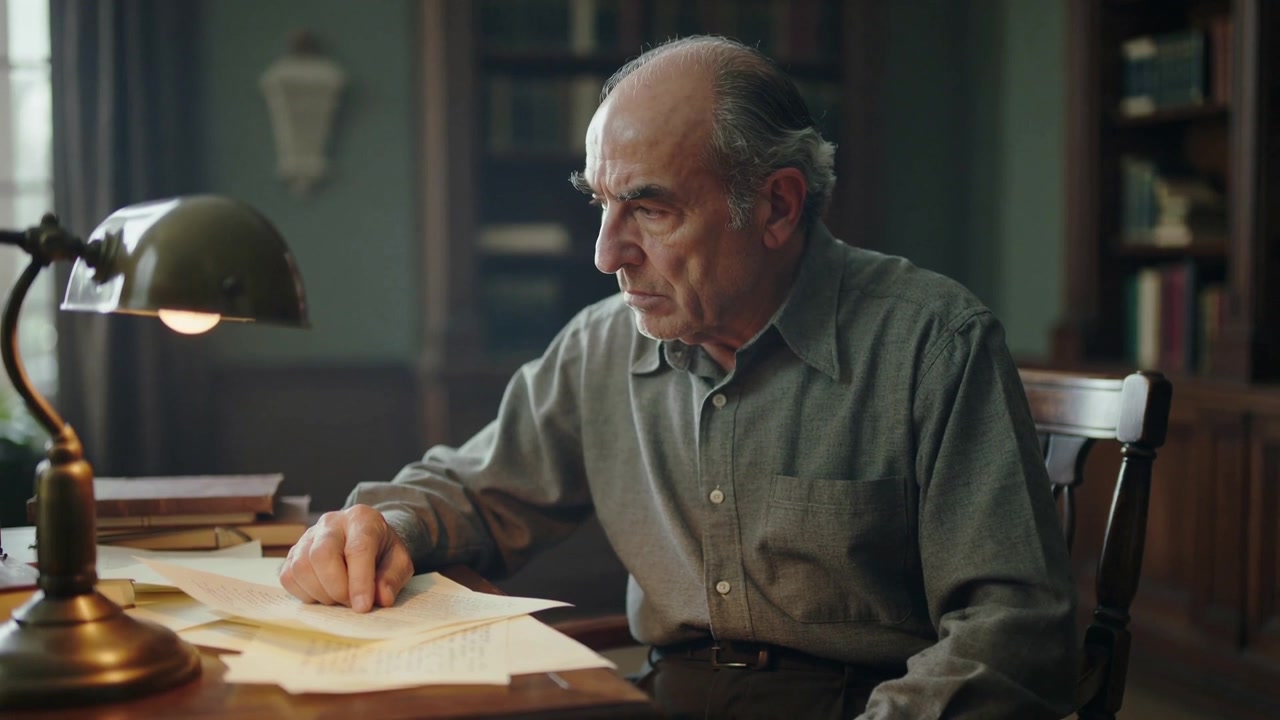 Tracing senior man reviewing documents on desk in study, lamp turning on, wearing grey-green shirt